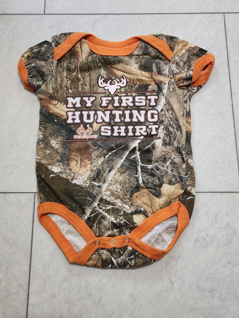 Realtree Camo My First Hunting Shirt Orange One-Piece Bodysuit Deer 3/6m